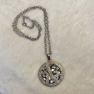 Silver double-sided Pendant Necklace with Abalone and turquoise Inlay.